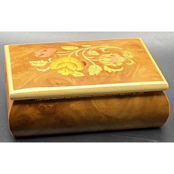 Burl Wood Laquered Trinket Box Floral Pink Yellow Flowers Velvet Hinged Lid - Picture 3 of 16
